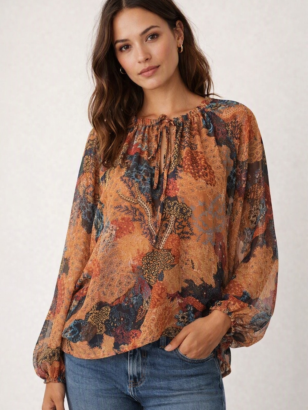 Joie Rust Multi Floral Tie-Neck Peasant Blouse